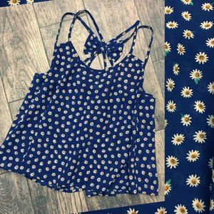 🍉 Blue White Daisy Floral Chiffon Bow Back Top